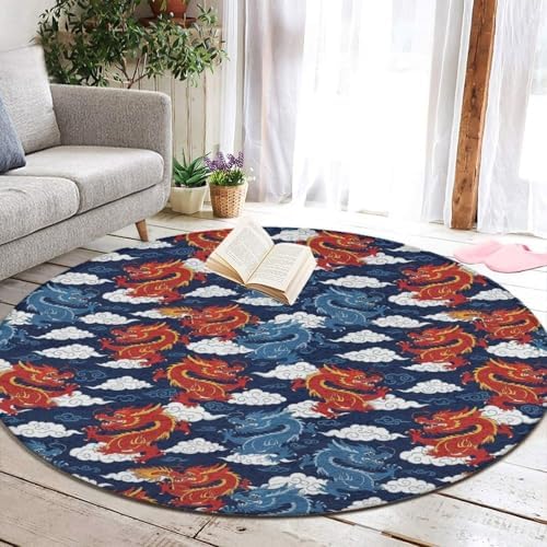 Large Home Decor Mat, Soft Round Yoga Carpet, Non Slip Machine Washable Kitchen Office Circle Rug Cool Japanes Dragons, 60inch