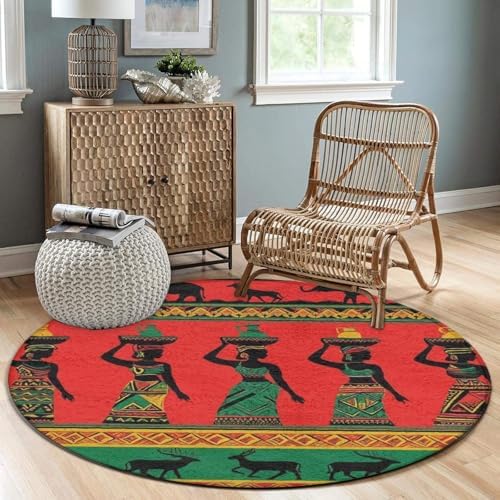 Room Sofa Yoga Soft Round Carpet, Home Decor Non Slip Kitchen Office Circle Rug, Machine Washable Modern Round Area Rug Ethnic Tribal African Black Women Deer Elephants Art, 36inch