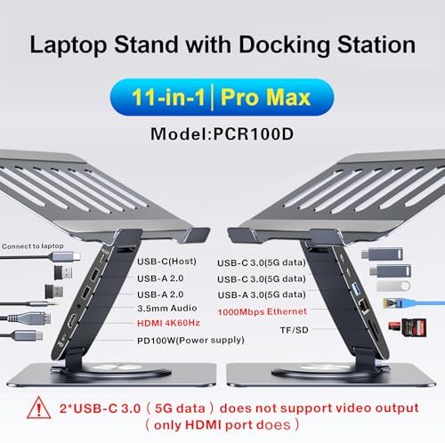 Laptop Docking Station for MacBook Pro/Air/Dell/HP/Surface HC 11-in-1 USB C Hub 360°Rotatable Laptop Stand with USB Hub 4K HDMI USB 3.0 PD100W 3.5mm Audio Jack RJ 45 TF/SD Reader Universal Laptop Dock