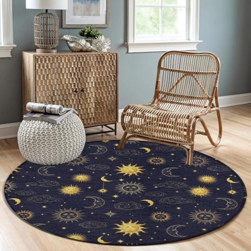 Large Machine Washable Circular Rugs, Home Decor Round Mat for Living Room Sofa Office Compatible with Sun Moon Boho Astrology