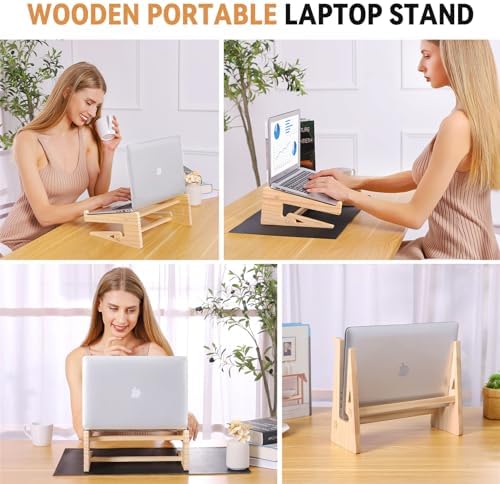 Wooden Laptop Stand for Desk, 2-in-1 Riser and Vertical Laptop Stand