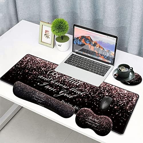 Large Gaming Mouse Pad, Keyboard Wrist Rest pad + Mouse Wrist pad + Coaster Set Extended Waterproof Non-Slip Table mat Suitable for Home Office Learning Games - Rose Gold Glitter Black Psalm46:10