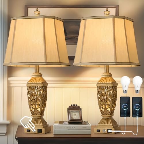 AIDENOEY 27.5“ Farmhouses Table Lamp with USB & USB-C Charging Ports, 3-Color Dimmable & Stepless Bottom Dimming, Touch Control & Switch, Vintage Bedside Lamp for Bedroom Living Room Office,(Brown)