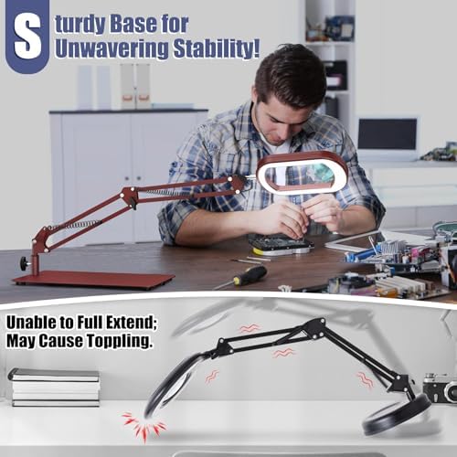 Drdefi 12X Square Magnifying Glass with Light and Stand, Real Glass LED Lighted Magnifier, 5 Color Modes Stepless Dimmable, Hands-Free Mag Desk Lamp with Clamp for Reading Craft Hobby Close Work Red
