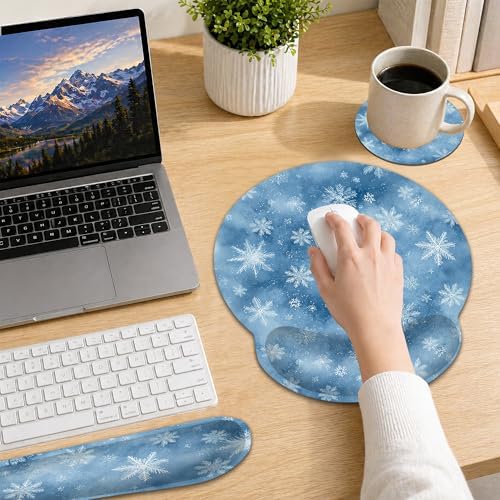 Snowflakes Ergonomic Memory Foam Wrist Rest Set for Keyboard and Mouse,Winter Christmas Supportive Mouse Pad with Non Slip Base for Office Work and Gaming