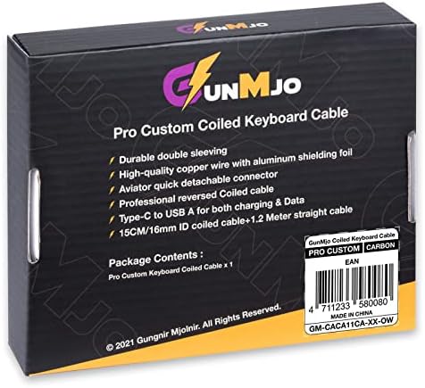 GUNMJO Pro Custom Coiled USB C Cable for Gaming Keyboard, Double-Sleeved Mechanical Keyboard Cable with Detachable Metal Aviator, 1.5M USB-C to USB-A, Carbon Black Color