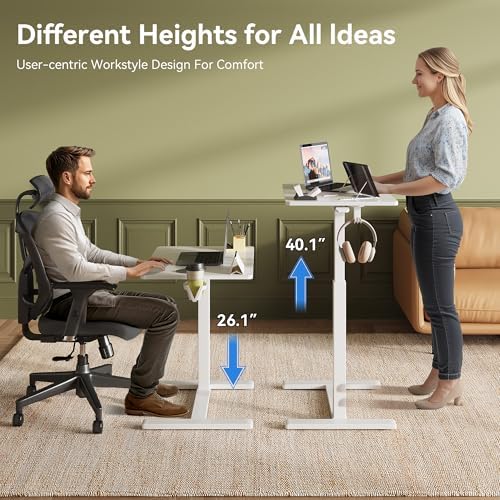Mobile Standing Desk on Wheels, Pneumatic Height Adjustable, White