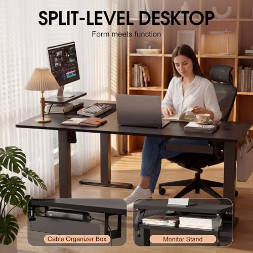 Furmax 63 x 47 Inch L Shaped Standing Desk with 2 Preset Heights, Electric Height Adjustable Computer Desk, Corner Sit Stand Desk for Home Office, 2 Hooks & Feet Balance (Black, 63 x 47 Inch)
