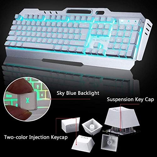 Wireless Keyboard and Mouse, Blue LED Backlit Rechargeable Keyboard with 3800mAh Battery, Metal Panel, Removable Hand Rest Mechanical Feel, 7 Color Gaming Mute Mouse for PC Gamers