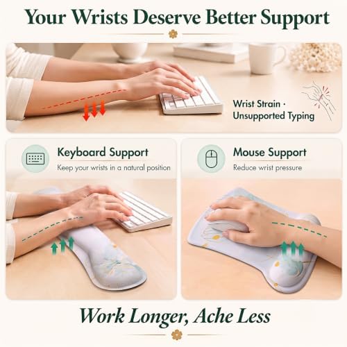 Scalloped Desk Mat 4-in-1 Set, XXL Large Wave Edge Mouse Pad with Gel Wrist Rest, Memory Foam Keyboard Wrist Rest & Coaster, Watercolor Floral Aesthetic Desk Pad for Women