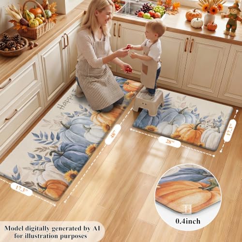 HEBE Fall Kitchen Rug Set of 2, Anti Fatigue Pumpkin Kitchen Mats for Floor