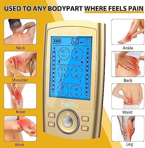 Belifu Dual Channel TENS EMS Unit 24 Modes Muscle Stimulator for Pain Relief Therapy, Electronic Pulse Massager Muscle Massager with 10 Pads, Dust-Proof Drawstring Storage Bag, Fastening Cable Ties