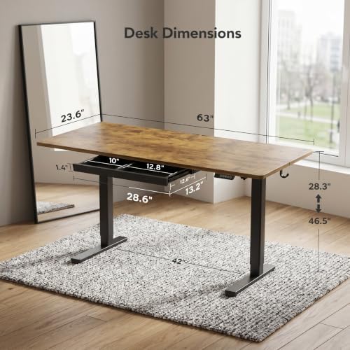 Claiks Electric Height Adjustable Standing Desk with Drawers, 63 x 24 Inch Sit Stand Desk for Home Office, Computer Desk Workstation,Rustic Brown