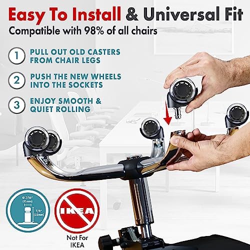 Office Chair Wheels Replacement Set of 5 - Dual 2 Inch Soft Chair Casters for Hardwood Vinyl Tile - Heavy Duty & Safe for All Floors - Fits 98% of Computer Gaming & Office Chairs - Black
