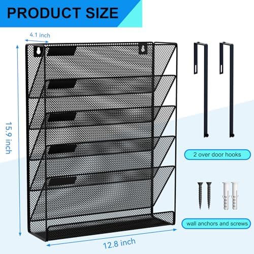 6-Tier Hanging File Organizer Office Cubicle Accessories for Work Organizer Wall Mount File Holder for Mails Folders Papers Magazine Organization, Black