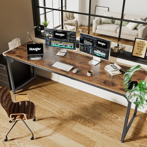 Huuger Computer Desk, 80 Inch Office Desk, Gaming Desk with Storage, Writing Desk Work Desk for Home Office, Study, Long Simple Desk, Large Legroom, Metal Frame, Rustic Brown