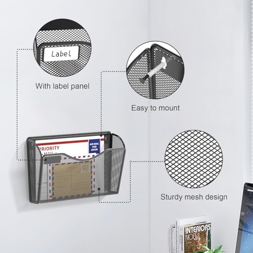 samstar 6 Pack Mesh Wall Mounted File Holder Metal Wall File Pocket Mail Organizer for Office/Home(with Label Panel)