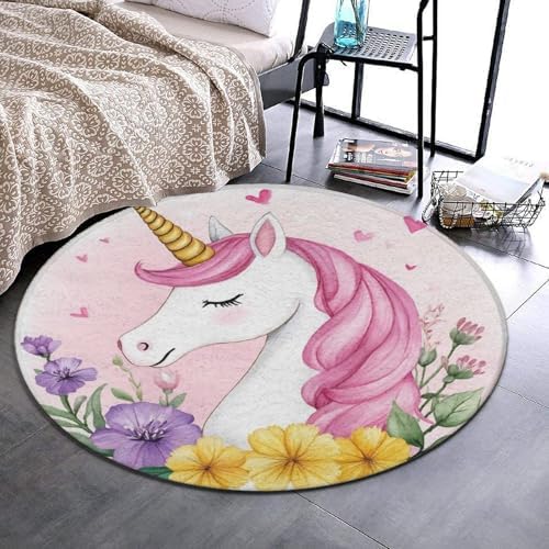 Large Home Decor Mat, Soft Round Yoga Carpet, Non Slip Machine Washable Kitchen Office Circle Rug Cute Pink Unicorns