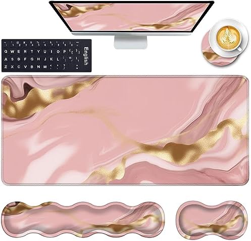 Keyboard Wrist Rest and Mouse Pad with Wrist Support Set Ergonomic Coaster,Memory Foam,Easy Typing Pain Relief,Large XL Desk Mat 31.5"x 11.8",Pink Marble