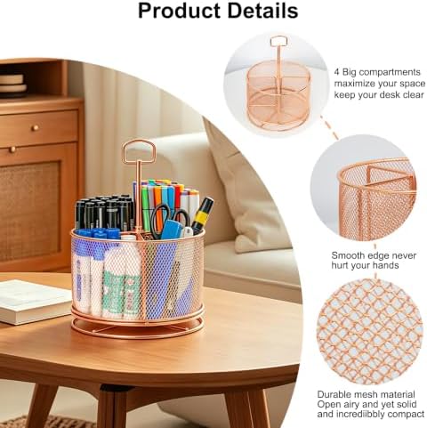 360 Degree Rotating Pen Holder for Desk (Rose Gold, with Handle)