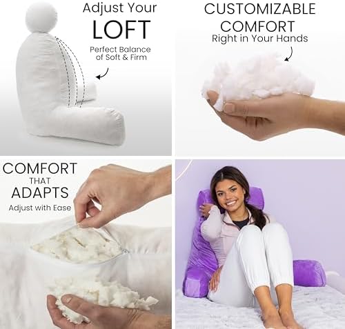 Husband Pillow Medium Reading Pillow with Arms - 23" Backrest for Sitting Up in Bed - Firm Support Bed Rest Pillow for Adults, Neck Roll, Removable Cover - TV, Reading, Lounging - Light Purple