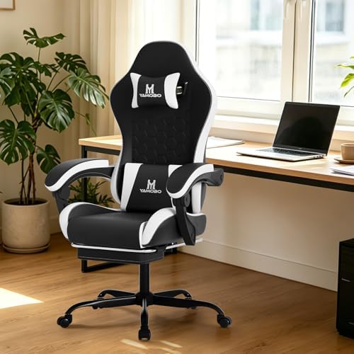 Gaming Chair, Computer Office Chair with Footrest, Adjustable Height & Backrest Gaming Chairs with Swivel for Adults, High Back PU Leather Ergonomic Chair with Lumbar Support, Blackwhite