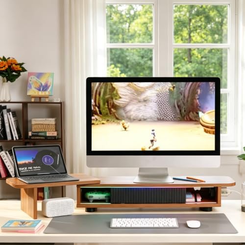 Artswish Dual Monitor Stand with Power Outlet, Brown Desk Monitor Riser