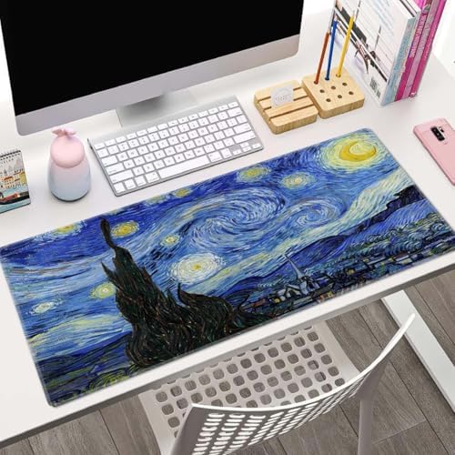 Gaming Mouse Pad, Large Non-Slip Rubber Base Mousepad, Keyboard Mouse Mat, Desk Pad with Stitched Edges, 31.5x11.8inch, Vincent Van Gogh - The Starry Night
