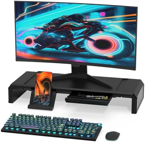Heymaster Monitor Stand Riser with Drawer, Foldable & Adjustable Length Computer Stand with Phone & Tablet Holder, Space Saving Desk Organizer Shelf for Home Office, Laptop, Desktop