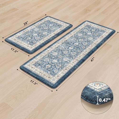KIMODE Anti Fatigue Kitchen Mats, Boho Vintage Blue Kitchen Rugs Sets of 2