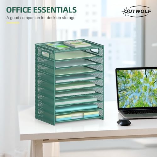 OUTWOLF 10 Tier Paper Organizer - Letter Tray Mesh Desk File Organizer with Handles for Office School Desktop, Green