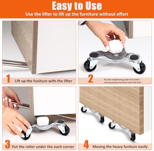Timtin 4 Pcs Furniture Moving Dolly Set, 3 Wheel Steel Tri Dolly Heavy Duty Movers Mobile Rollers, Triangle Swivel Caster Easy Moving Tool for Home Furniture, Appliance, 6 Inch, 200 lbs Capacity