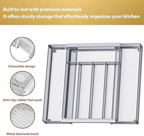 Sedegn Silverware Organizer Metal Mesh, Drawer Organizer, Utensil Cutlery Tray Expandable Flatware Organizer with 7 Compartment Silver 9.6"~16.1" x 13.8"