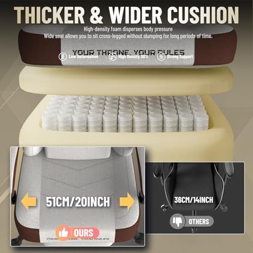 Ferghana Cotton Fabric Gaming Chair - Wider Seat Cushion, Shield-Shaped Embroidery, Ergonomic High Back with Footrest, Computer Gamer Chair for Adults Featuring Massage Lumbar Support, Brown