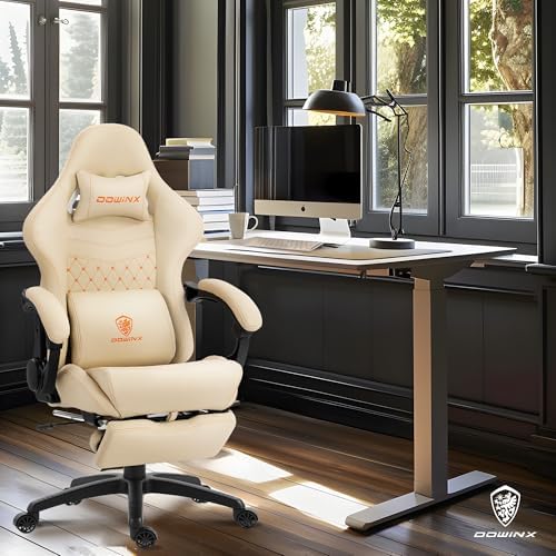 Dowinx Big & Tall Vintage Gaming Chair for Adults, 400 lb Capacity Heavy Duty Ergonomic Computer Chair with Dual Extended Footrest & Massage, Ivory White