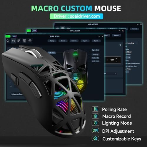 Aula SC620 Wireless Gaming Mouse, Tri-Mode 2.4GHz/USB-C/BT5.3 Computer Mouse with 12000 DPI, Programmable Macro Gamer Mouse with Rapid Fire Key, RGB Light Gaming Mice for PC/Laptop/Mac(Black)