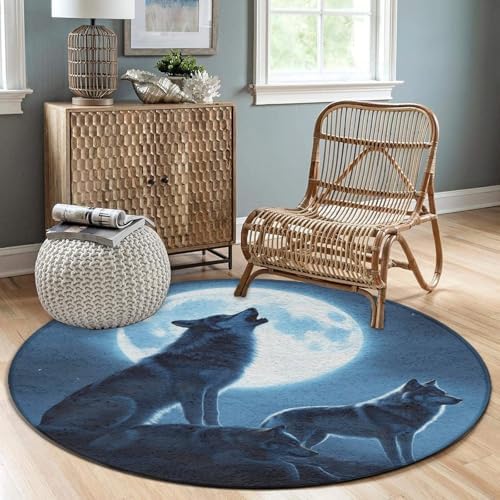 Large Machine Washable Circular Rugs, Home Decor Round Mat for Living Room Sofa Office Full Moon Howling Wolves