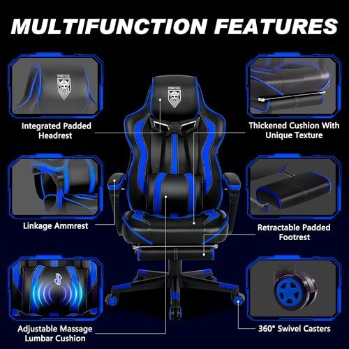Vonesse Gaming Chairs for Adults, Gamer Chair with Footrest and Massage, Reclining Big and Tall Ergonomic Gaming Chair, Computer Chairs for Heavy People 300LBS (Blue/Black)