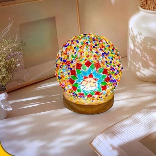 Turkish Mosaic Lamp, 3 Color Temperature Tiffany Bedside Lamp with USB Power, Moroccan Glass Lantern Table Lamp for Living Room Decor, Simple Control (D:4.7" x H:5.2") (Color2)