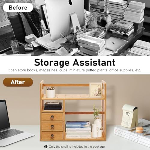 Bamboo Desktop Bookshelf, Desktop Bookshelf Organizer with 3 Drawers Desk Shelf Desktop Hutch Desk Bookshelf Desk Organizer Shelf Cute Small Desk Display Cubby Top for Home Office Bedroom