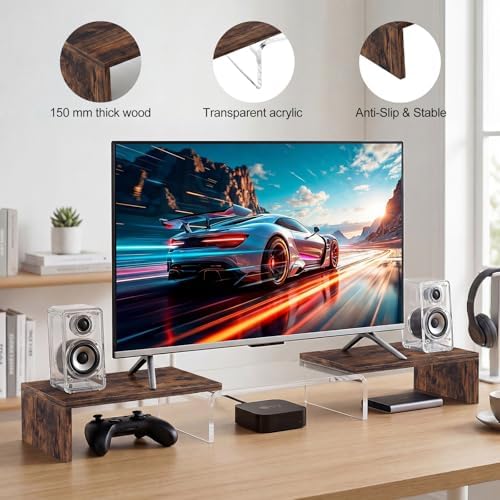 Dual Monitor Riser, Acrylic Monitor Riser with Keyboard Storage, Adjustable Angle & Length Computer Monitor Stand, Wide Desk Shelf for Top of Desk for Home Office_Wood Look
