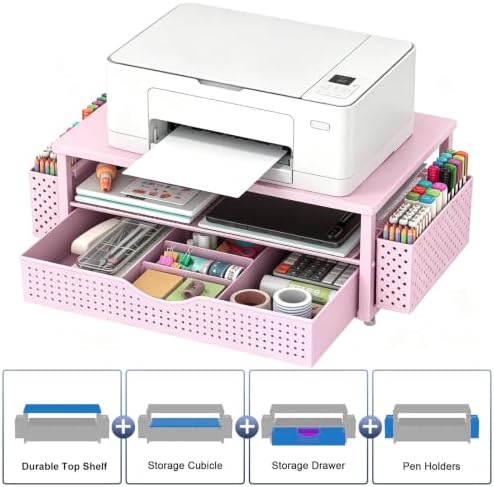 Spacrea Desk Organizers and Accessories, Printer Stand with Storage, Pink