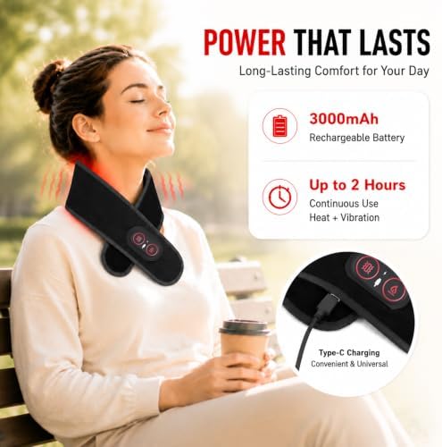 Neck Heating Pad for Pain Relief, Cordless Vibrating Neck Massager with 660nm 850nm Red Light, 3000mAh Battery 3 Heat Levels, Heated Neck Brace Wrap up to 33 Inches for Soreness Stiffness