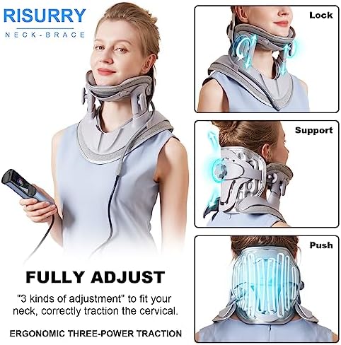 Cervical Neck Traction Device Fast Air Pump Neck Brace, Adjustable Inflatable Neck Stretcher with 3 Power Tractions Pain Relief Neck Decompression Tension Relief