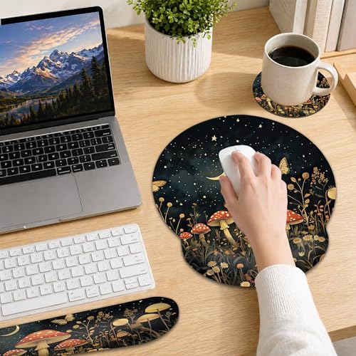 Mushroom Ergonomic Memory Foam Wrist Rest Set for Keyboard and Mouse,Flower Butterfly Moon Supportive Mouse Pad with Non Slip Base for Office Work and Gaming