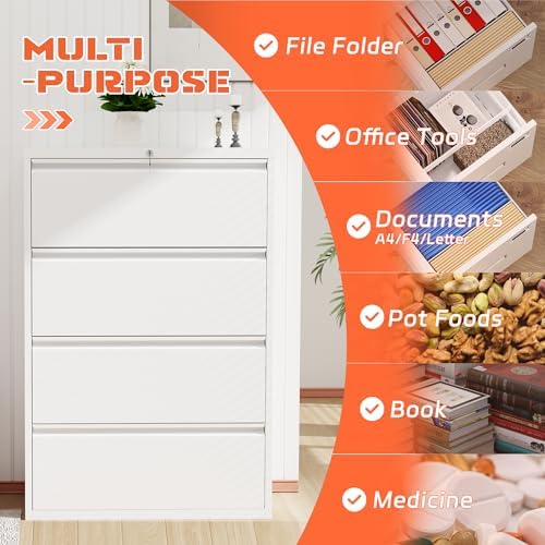 INTERGREAT 4 Drawer File Cabinet, White Lateral File Cabinet with Lock, 28" W Metal Office Filing Cabinet with Adjustable Frame for Legal, Letter, A4 Files