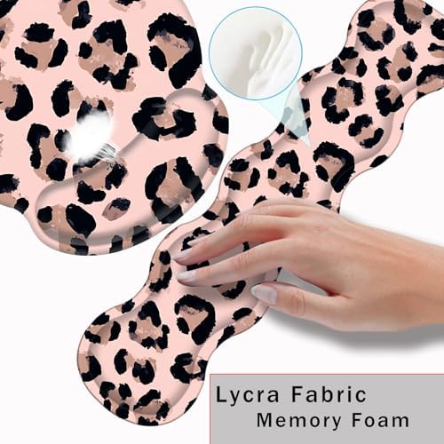 Mouse Pad,Large Pink Desk Mat, 4in1 XXL Mousepad + Keyboard Wrist Rest+Mouse Wrist Rest+Coaster Set with Ergonomic Desk Pad for Home Office Table Computer-Cute Leopard