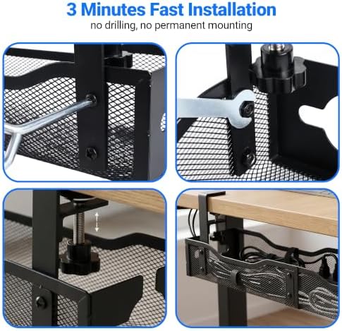 Under Desk Cable Management Tray - 25" No Drill Under Desk Cord Management with Clamp, Metal Desk Cable Organizer & Wire Management Tray for Standing Desk, Home Office Cord Organizer, Black