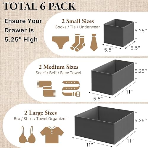 Simple Houseware Underwear Drawer Organizer, Set of 6, Dark Gray