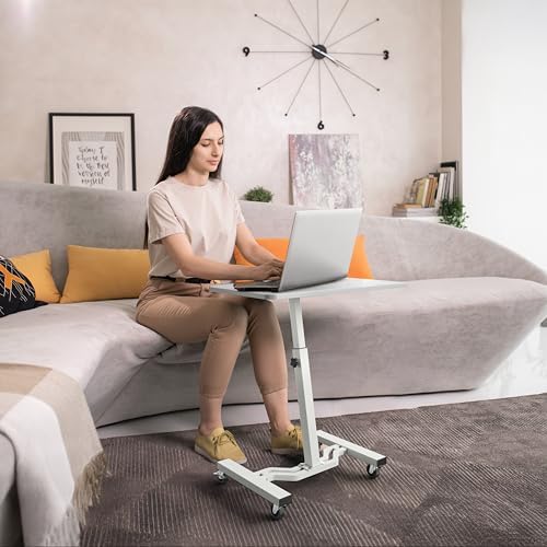 SHW Mobile Height Adjustable Laptop Rolling Cart w/Lockable Wheels, White